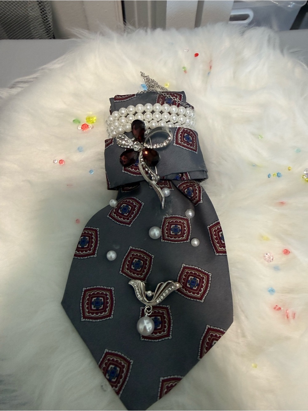 Embellished Gray Patterned Necktie Necklace with Pearl & Crystal Accents